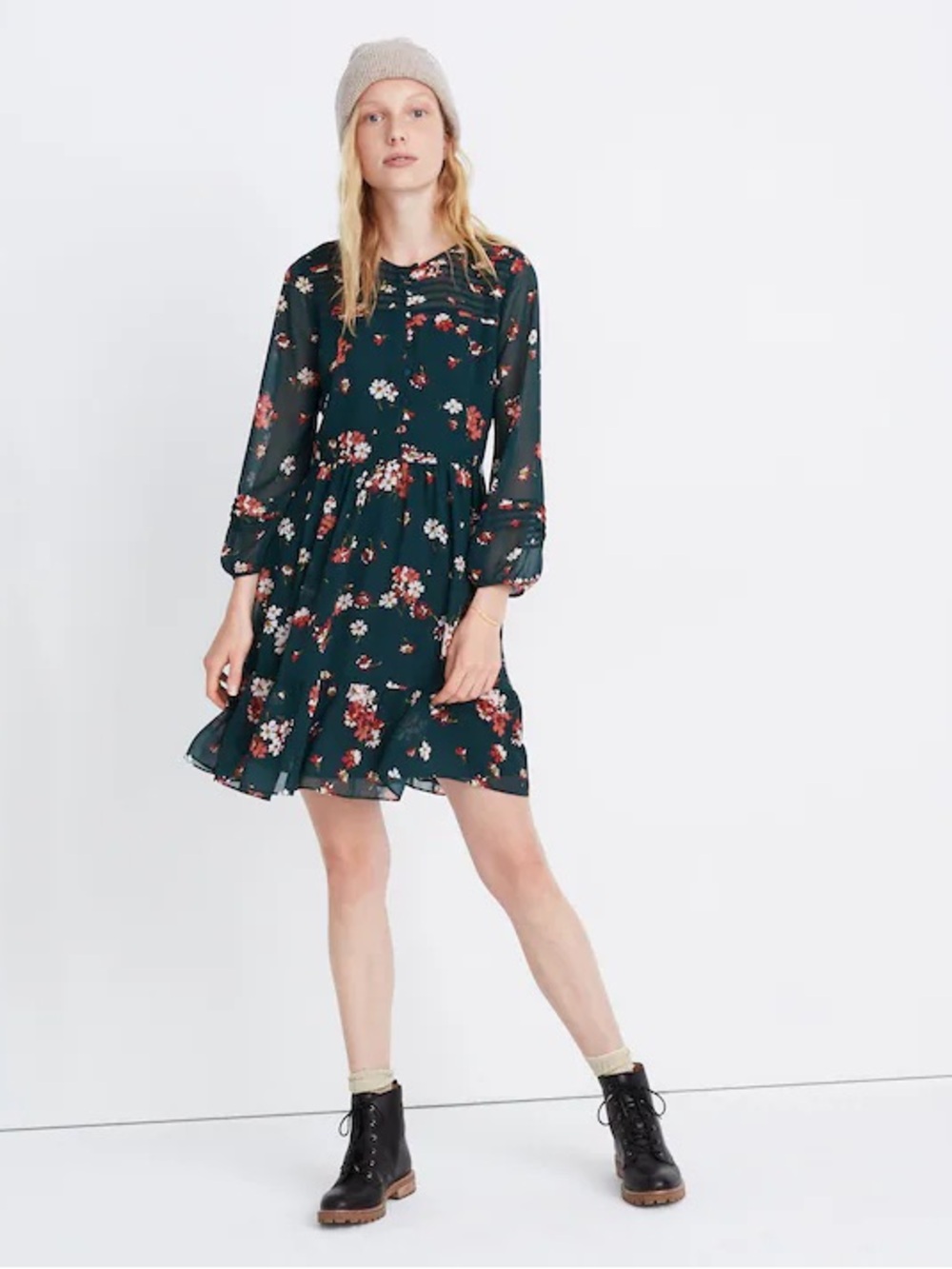 Madewell Sheer-Sleeve Pintuck Ruffle Dress in Spruce Blooms Size 10